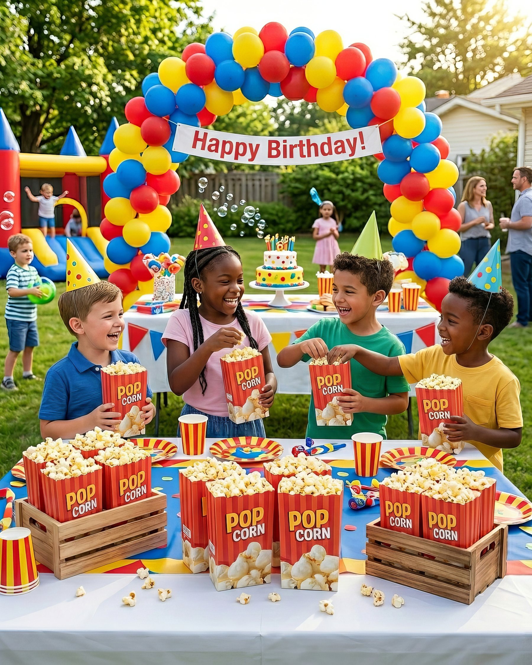 Kids with popcorn at a party fundraiser